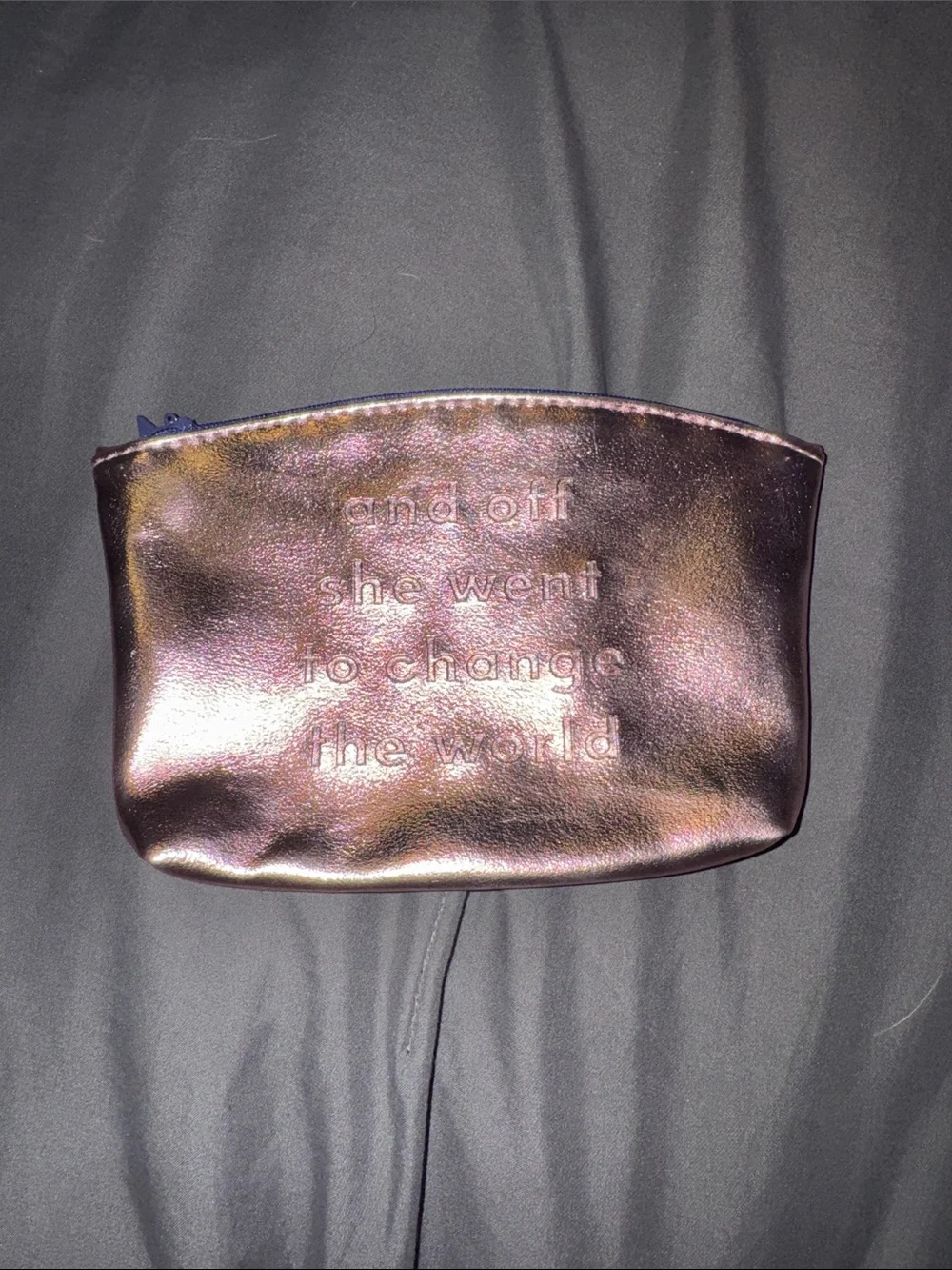 ipsy Iridescent Rose Gold Zip Pouch with Star Zipper.